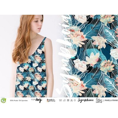 Jersey Modal Lillestoff Symphonica Blumen petrol 1,1 m