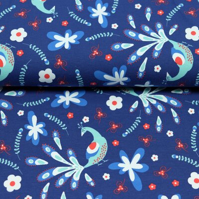 Jersey Stoff Pfau Blumen jeansblau - 0,9 m