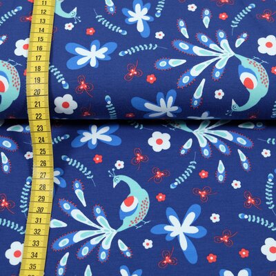 Jersey Stoff Pfau Blumen jeansblau - 0,9 m