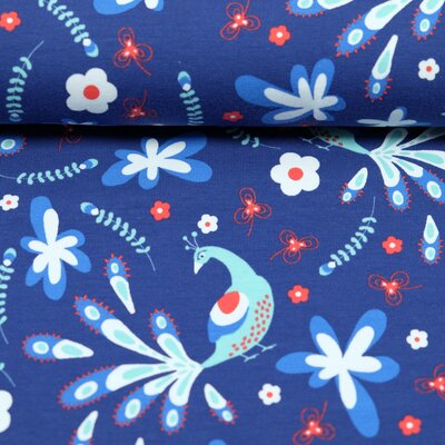 Jersey Stoff Pfau Blumen jeansblau - 0,9 m