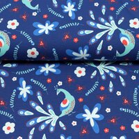 Jersey Stoff Pfau Blumen jeansblau - 0,9 m