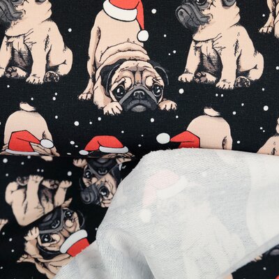 Weihnachtsstoff French Terry Mops, Sweat Weihnachten Hund