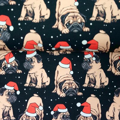 Weihnachtsstoff French Terry Mops, Sweat Weihnachten Hund 0,3 m