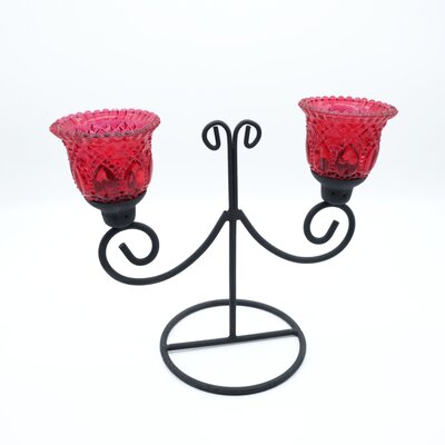 Kerzenstnder, Kerzenhalter, schwarz, Metall, 2-armig, Teelichthalter, rot