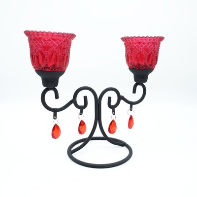 Kerzenstnder, Kerzenhalter, schwarz, Metall, 2-armig, Teelichthalter, rot
