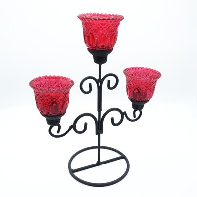 Kerzenstnder, Kerzenhalter, schwarz, Metall, 3-armig, Teelichthalter, rot