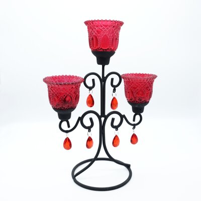 Kerzenleuchter schwarz 3-armig, Teelichthalter Kristall, rot