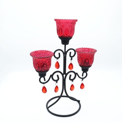 Kerzenstnder, Kerzenhalter, schwarz, Metall, 3-armig, Teelichthalter Kristall, rot