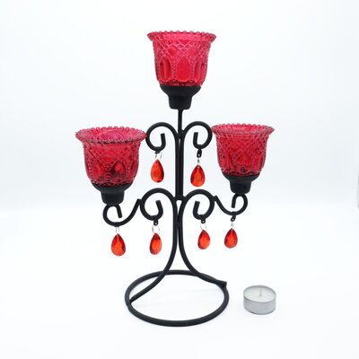 Kerzenstnder, Kerzenhalter, schwarz, Metall, 3-armig, Teelichthalter Kristall, rot